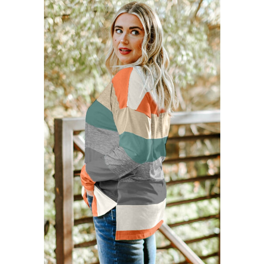 Plus Size Striped Slit Long Sleeve T-Shirt Clothing