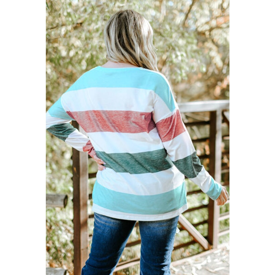 Plus Size Striped Slit Long Sleeve T-Shirt Clothing