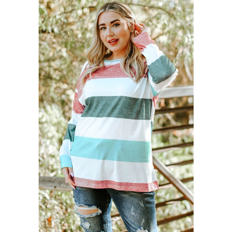 Plus Size Striped Slit Long Sleeve T-Shirt Pastel Blue / 1XL Clothing