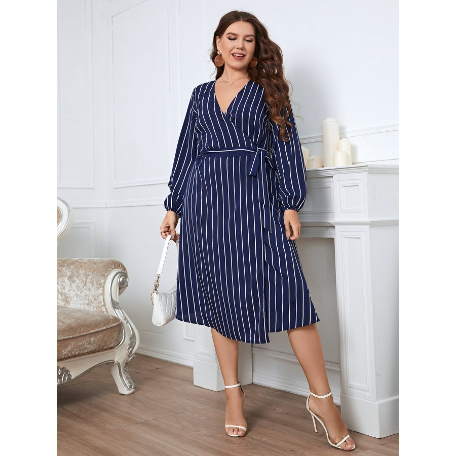 Plus Size Striped Surplice Neck Long Sleeve Dress Navy / 1XL