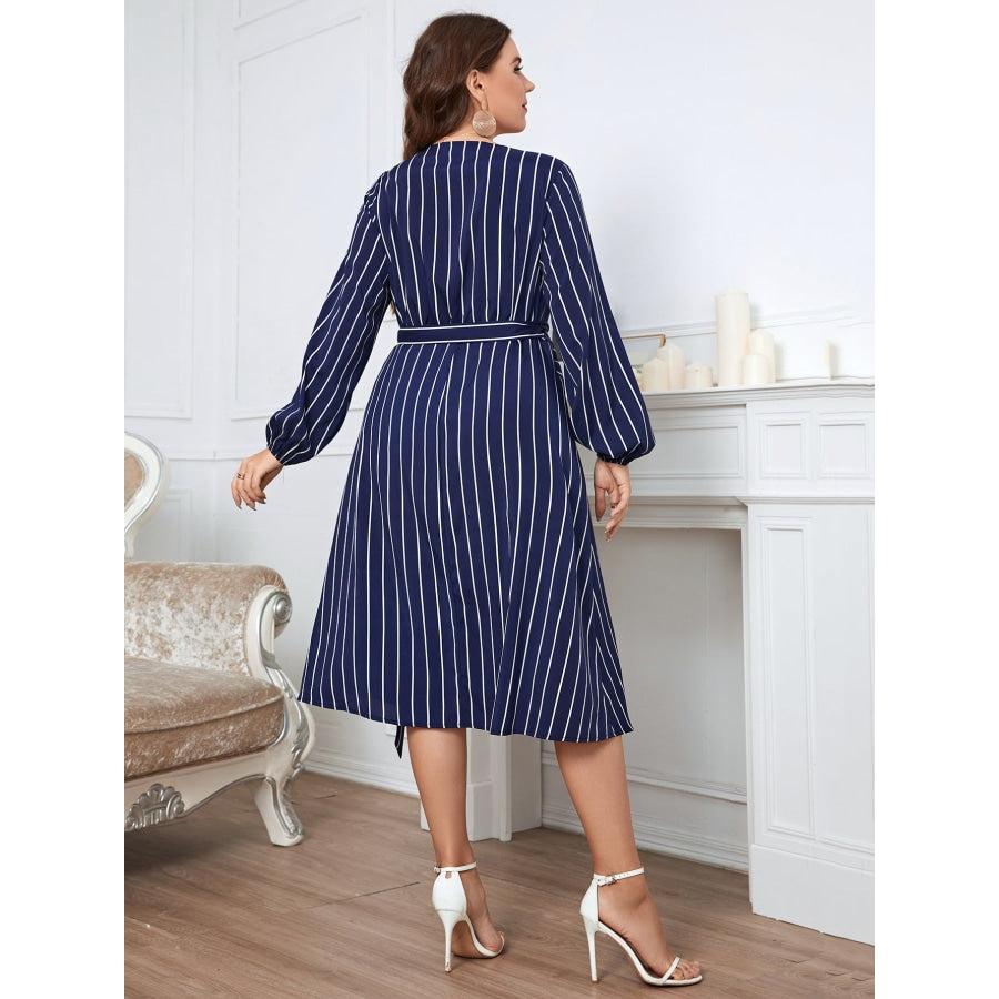 Plus Size Striped Surplice Neck Long Sleeve Dress