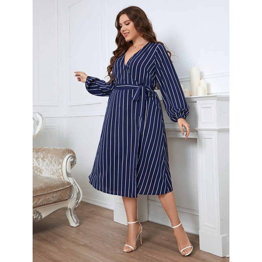 Plus Size Striped Surplice Neck Long Sleeve Dress