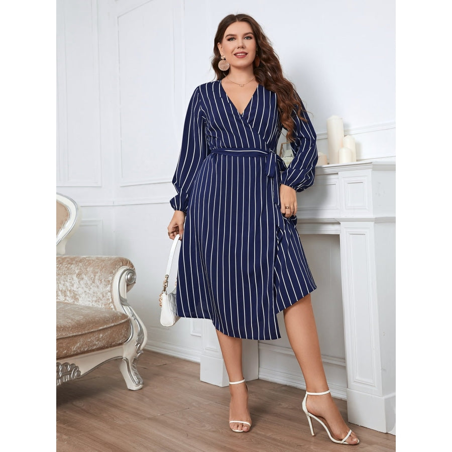 Plus Size Striped Surplice Neck Long Sleeve Dress