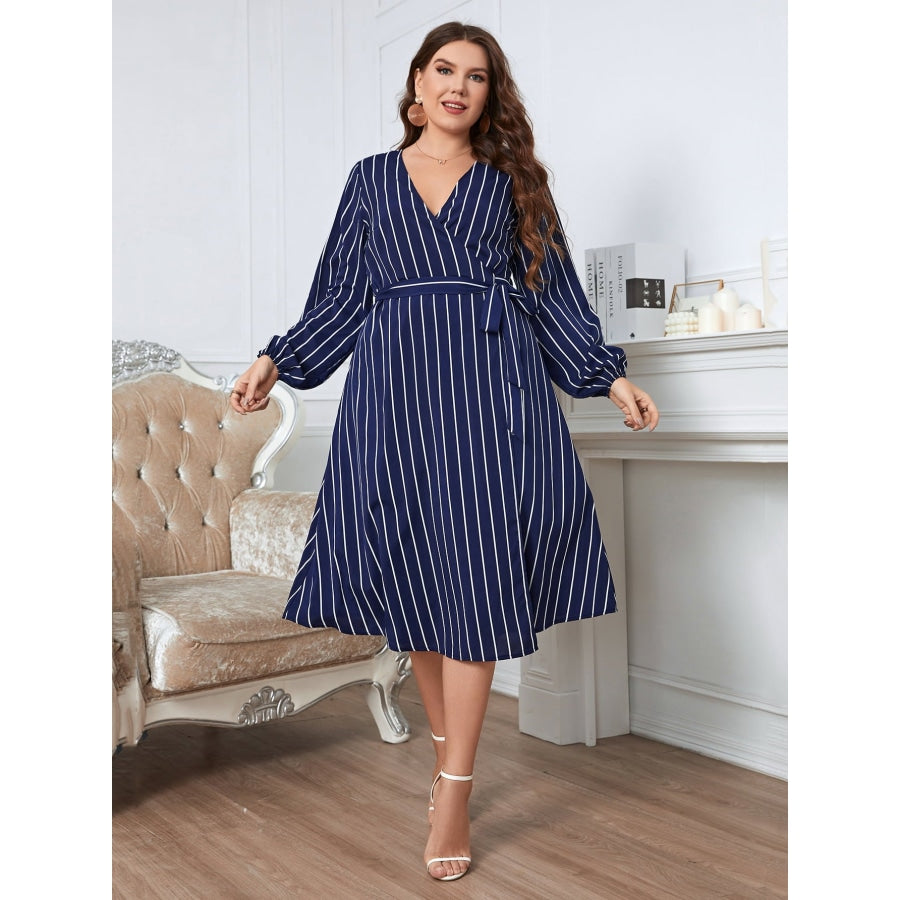 Plus Size Striped Surplice Neck Long Sleeve Dress