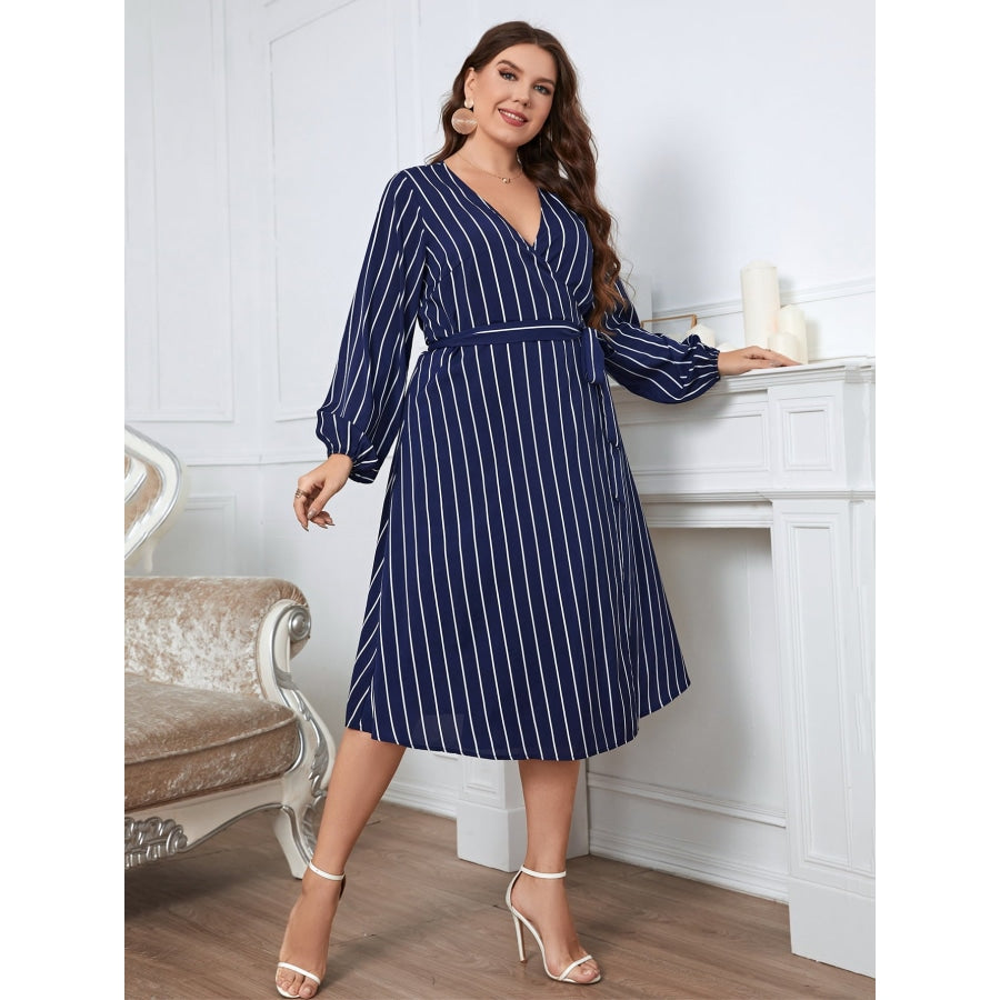 Plus Size Striped Surplice Neck Long Sleeve Dress