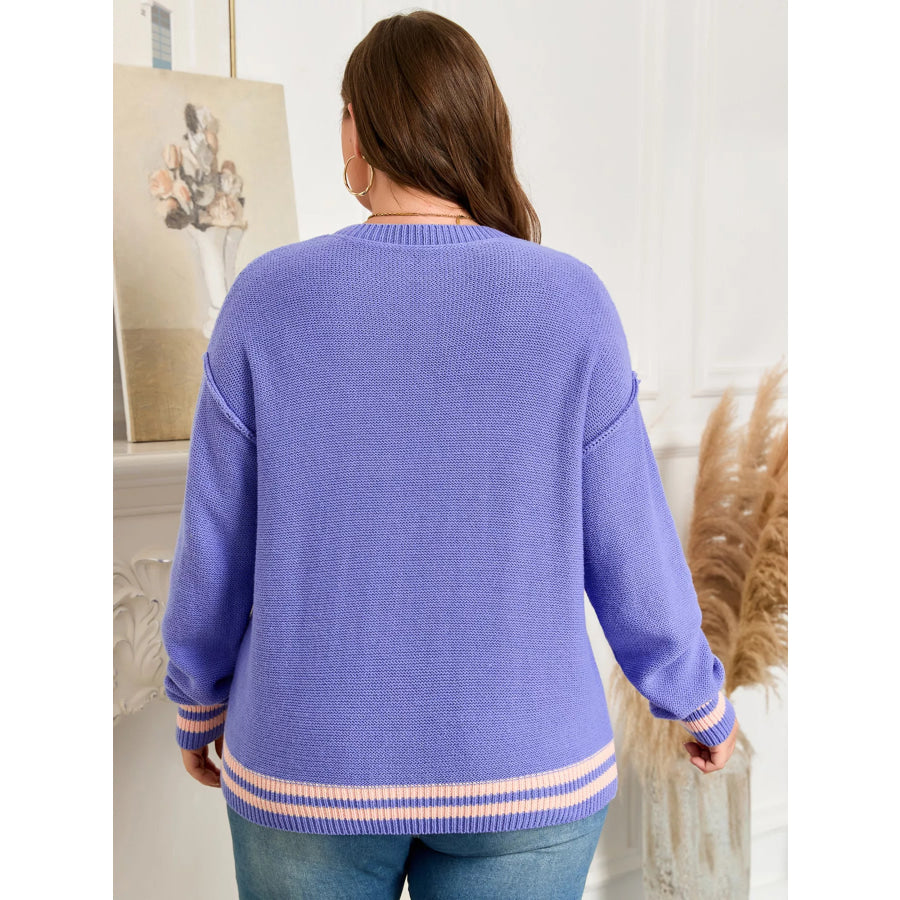 Plus Size Striped Trim Drop Shoulder Knit Loose Sweater Apparel and Accessories