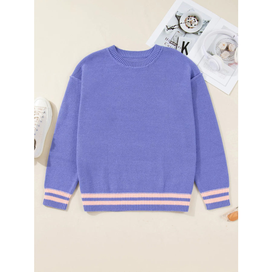 Plus Size Striped Trim Drop Shoulder Knit Loose Sweater Apparel and Accessories