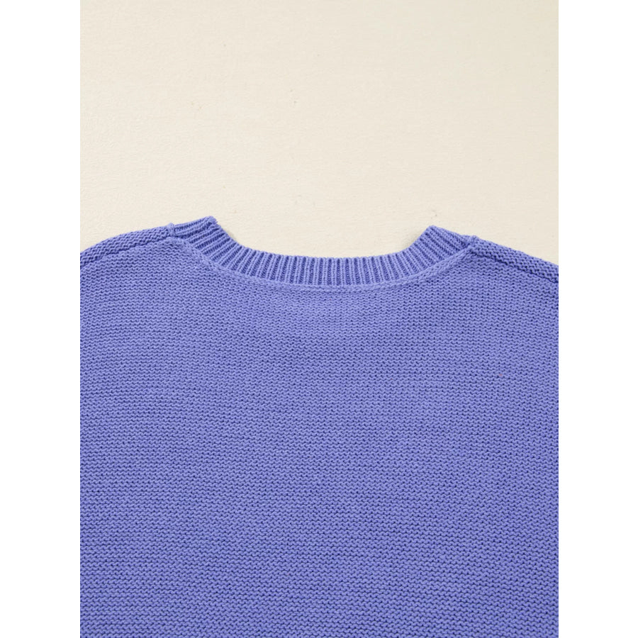 Plus Size Striped Trim Drop Shoulder Knit Loose Sweater Apparel and Accessories