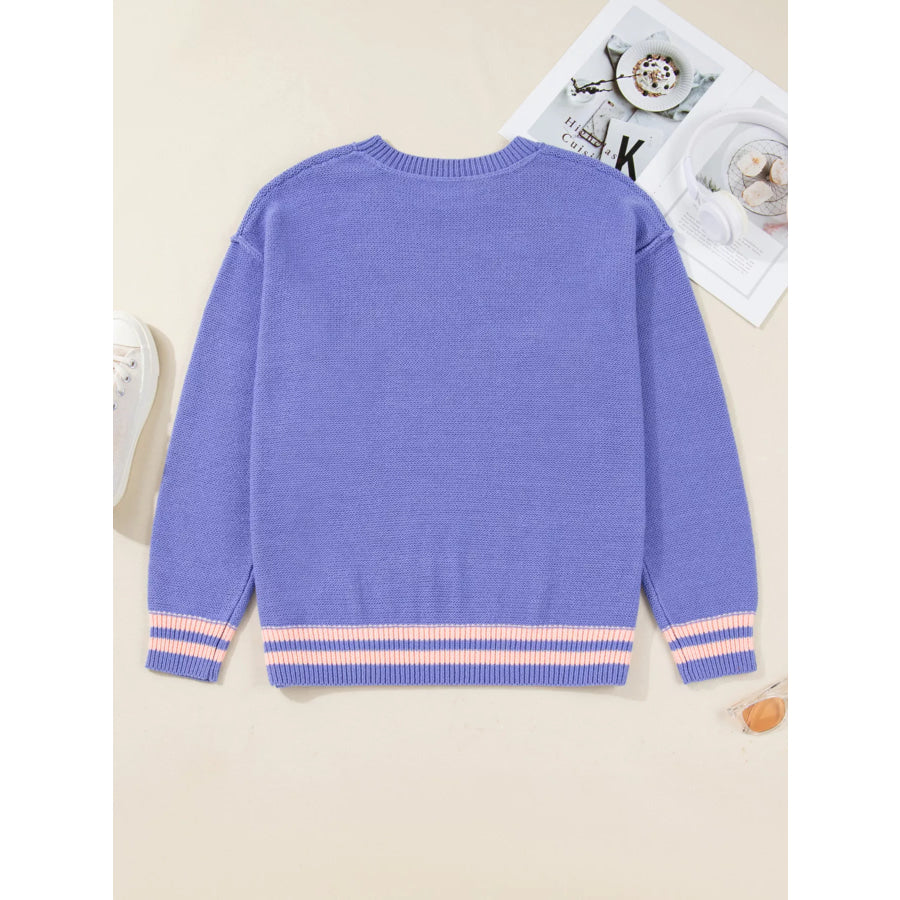 Plus Size Striped Trim Drop Shoulder Knit Loose Sweater Apparel and Accessories