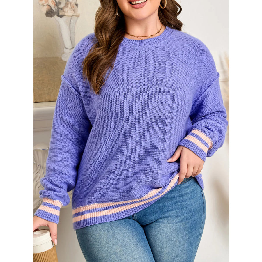 Plus Size Striped Trim Drop Shoulder Knit Loose Sweater Blue Purple / 1X Apparel and Accessories