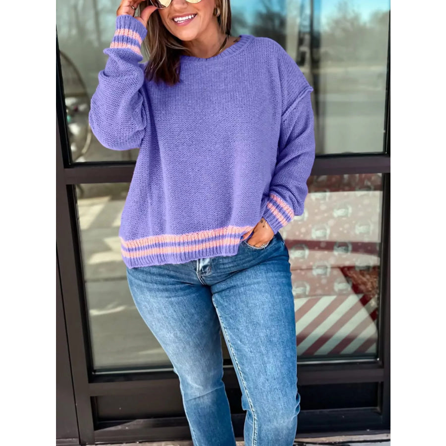 Plus Size Striped Trim Drop Shoulder Knit Loose Sweater Blue Purple / 1X Apparel and Accessories