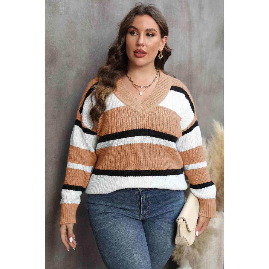 Plus Size Striped V-Neck Dropped Shoulder Sweater Camel / L