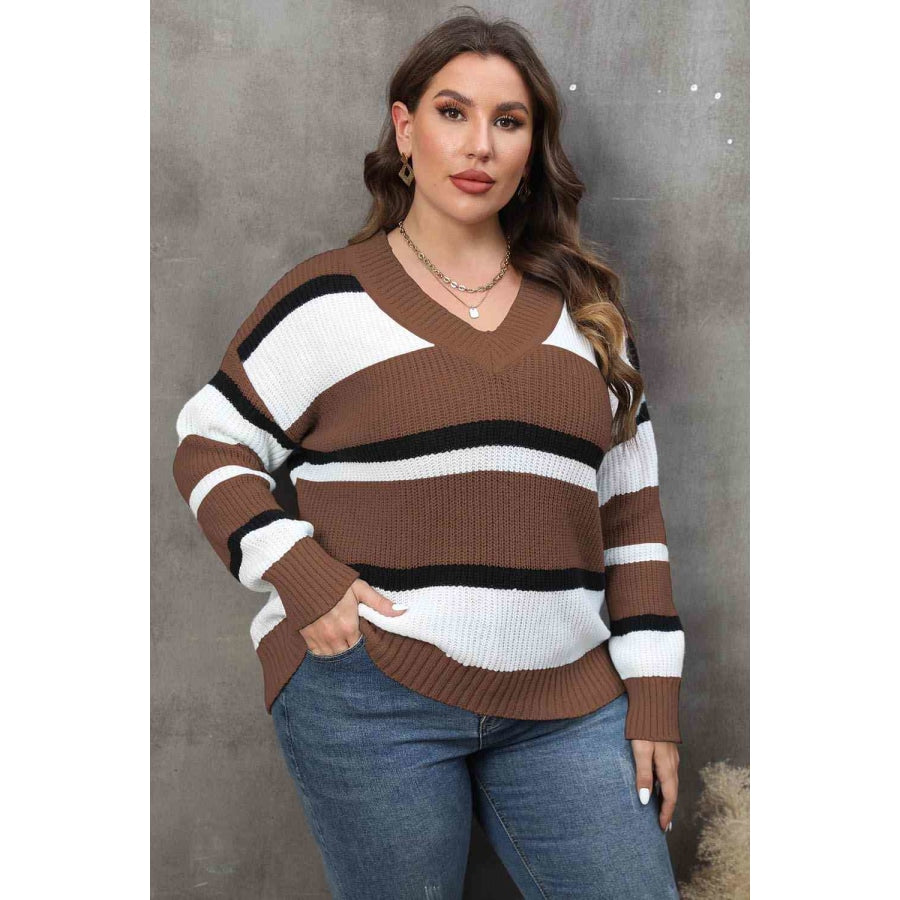 Plus Size Striped V-Neck Dropped Shoulder Sweater Chestnut / L
