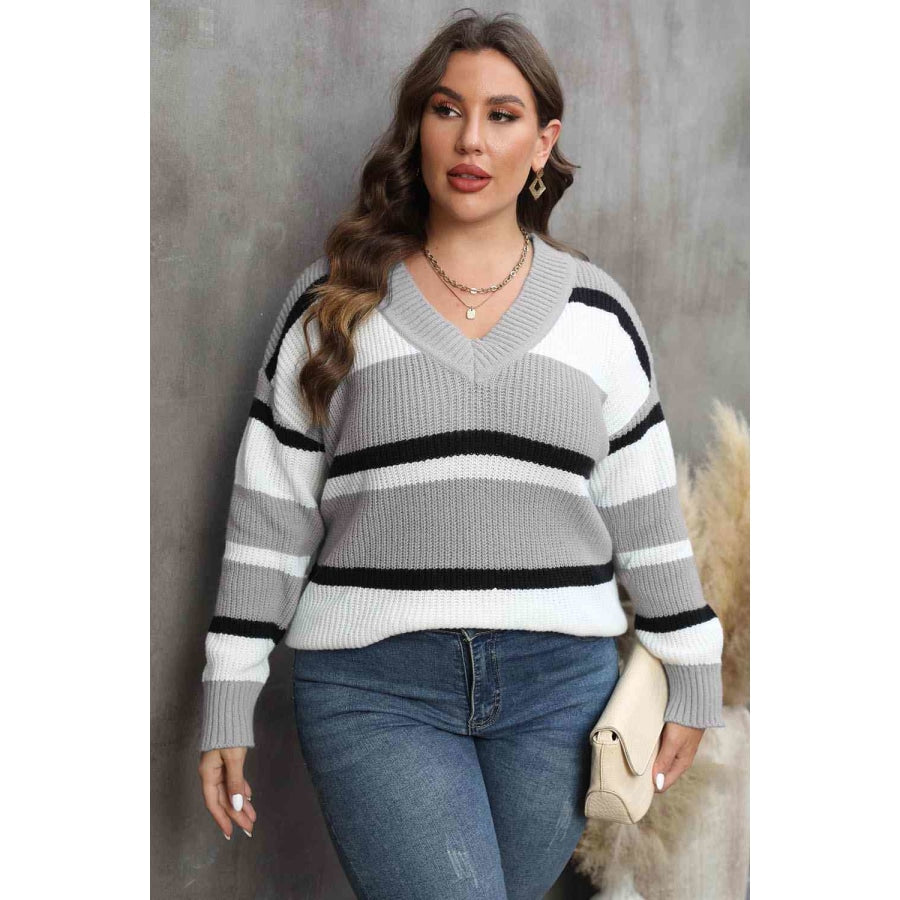 Plus Size Striped V-Neck Dropped Shoulder Sweater Heather Gray / L