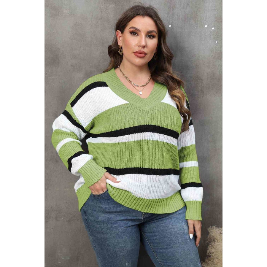 Plus Size Striped V-Neck Dropped Shoulder Sweater Mint Green / L