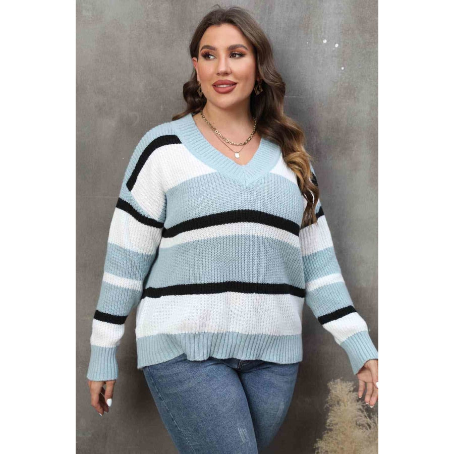 Plus Size Striped V-Neck Dropped Shoulder Sweater Pastel Blue / L