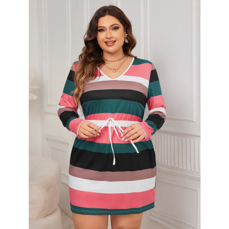 Plus Size Striped V-Neck Long Sleeve Mini Dress Apparel and Accessories