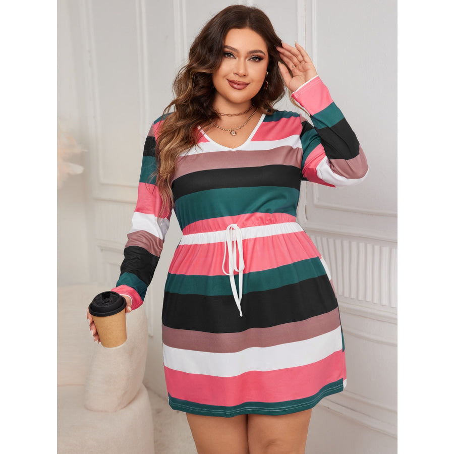 Plus Size Striped V-Neck Long Sleeve Mini Dress Apparel and Accessories