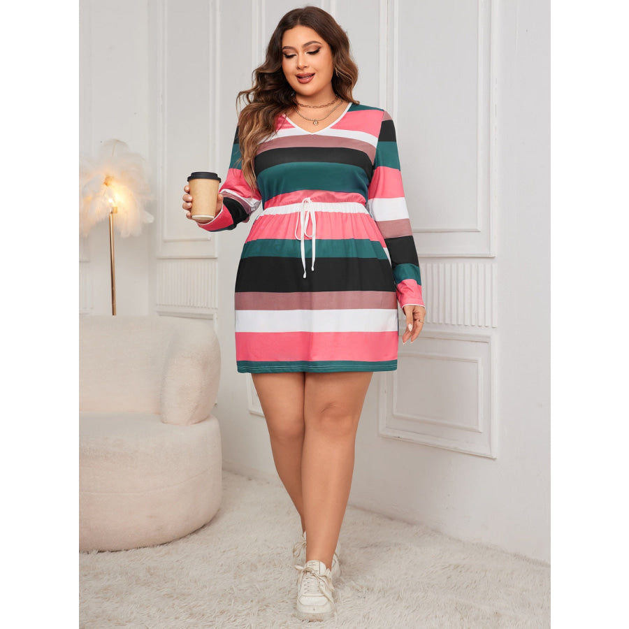 Plus Size Striped V-Neck Long Sleeve Mini Dress Apparel and Accessories