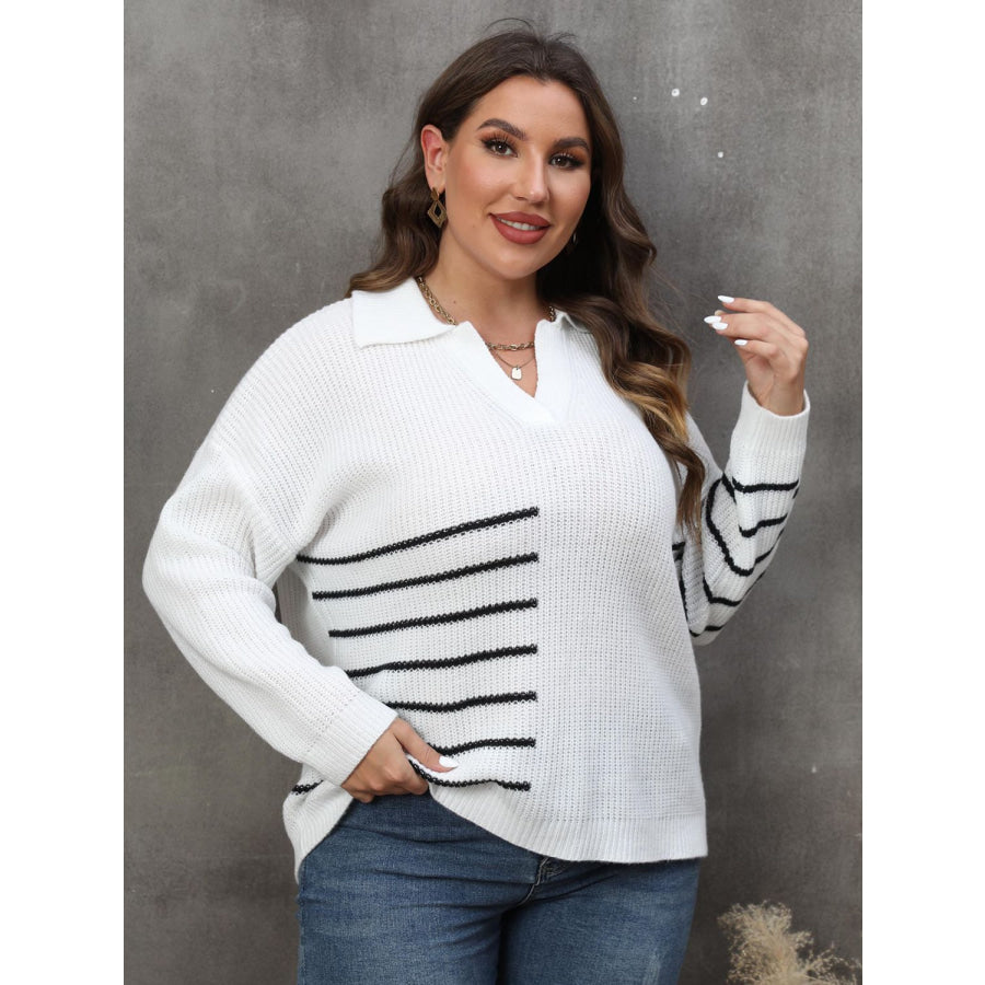 Plus Size Striped V-Neck Sweater Apparel and Accessories