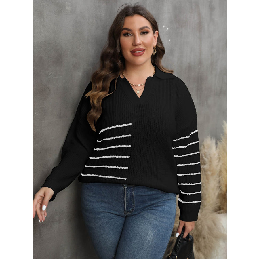 Plus Size Striped V-Neck Sweater Apparel and Accessories