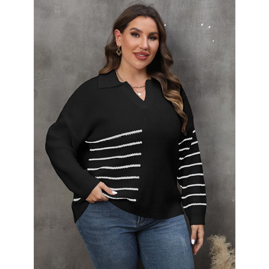 Plus Size Striped V-Neck Sweater Apparel and Accessories
