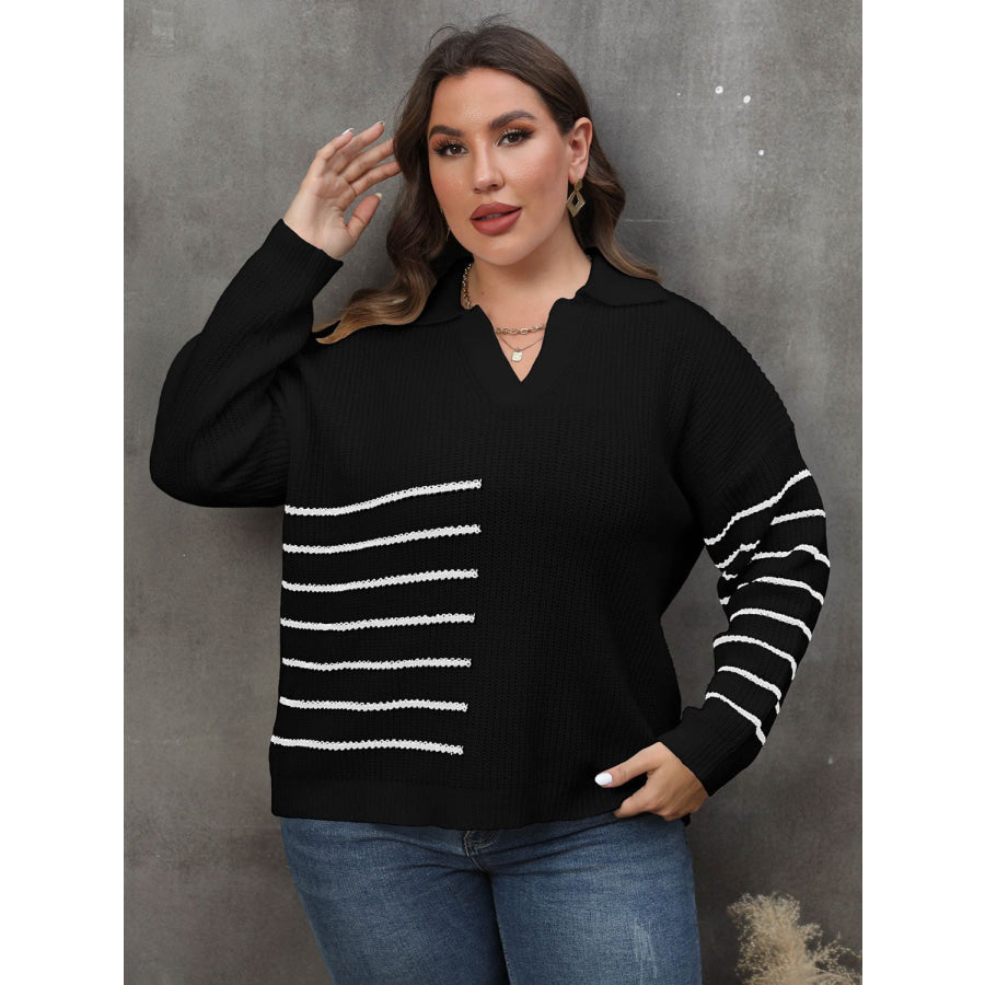 Plus Size Striped V-Neck Sweater Black / 0XL Apparel and Accessories