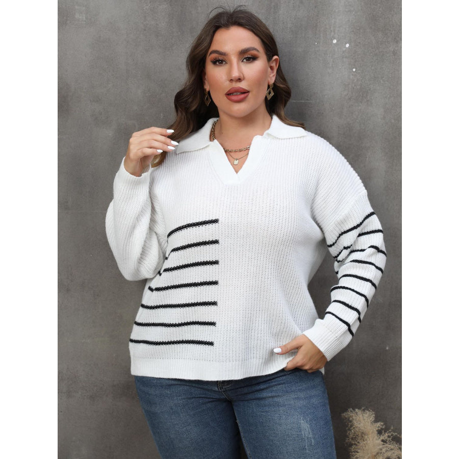 Plus Size Striped V-Neck Sweater White / 0XL Apparel and Accessories