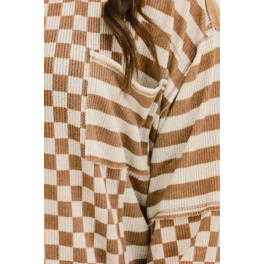 Plus Size Stripes &amp; Checker Round Neck Long Sleeve Top Apparel and Accessories