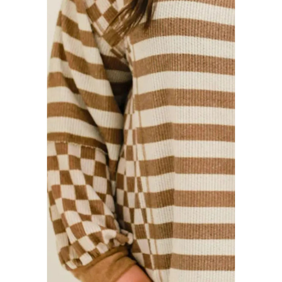 Plus Size Stripes &amp; Checker Round Neck Long Sleeve Top Apparel and Accessories