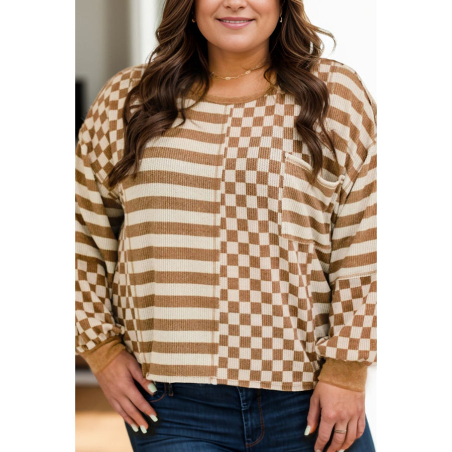 Plus Size Stripes &amp; Checker Round Neck Long Sleeve Top Brown / 1XL Apparel and Accessories