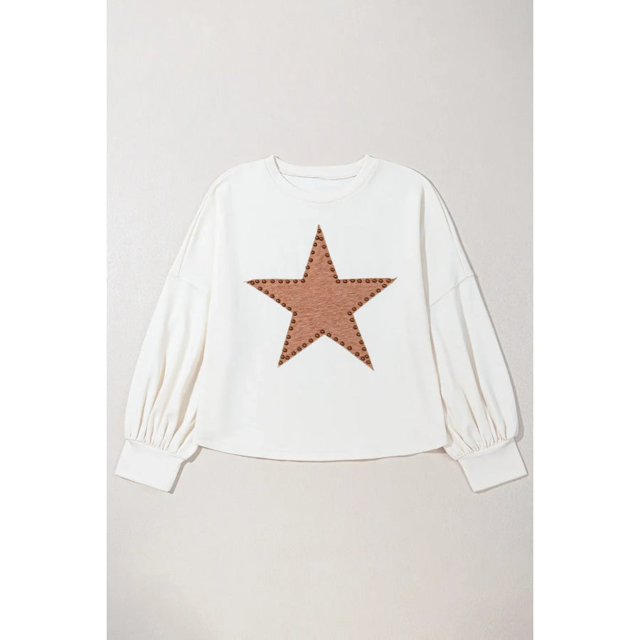 Plus Size Studded Star Round Neck Long Sleeve Blouse Apparel and Accessories