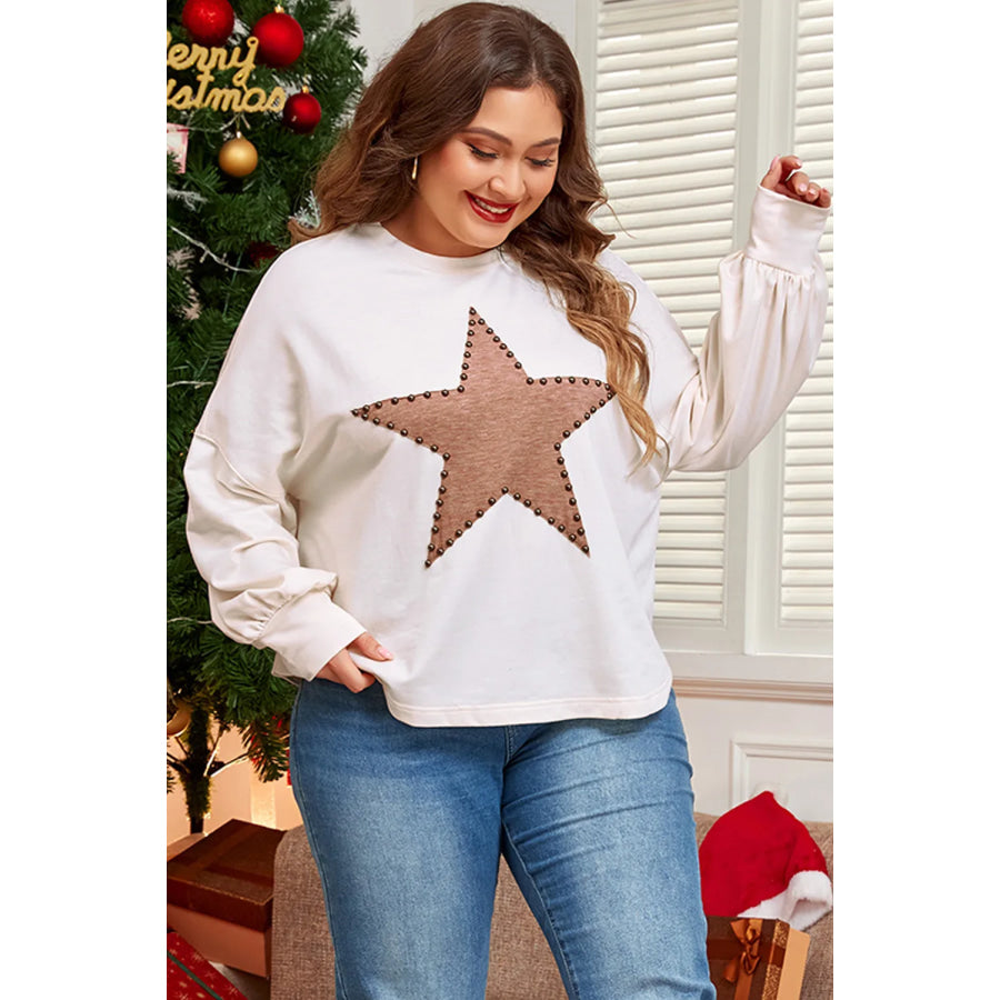 Plus Size Studded Star Round Neck Long Sleeve Blouse Apparel and Accessories