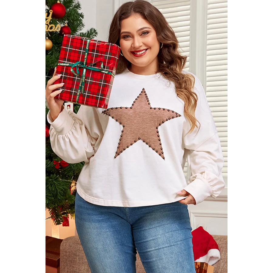 Plus Size Studded Star Round Neck Long Sleeve Blouse Apparel and Accessories