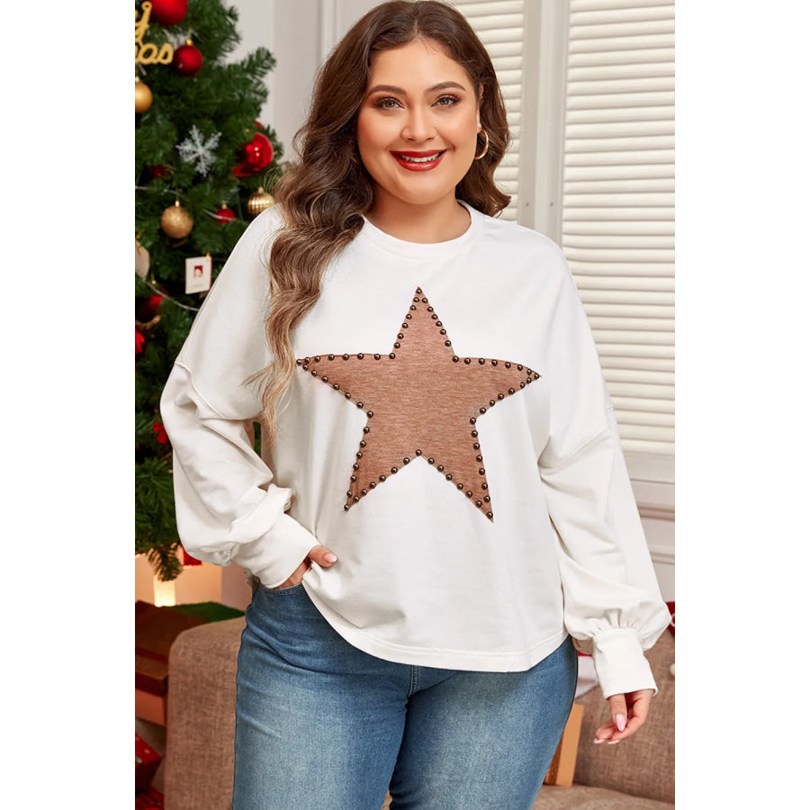 Plus Size Studded Star Round Neck Long Sleeve Blouse White / 1XL Apparel and Accessories