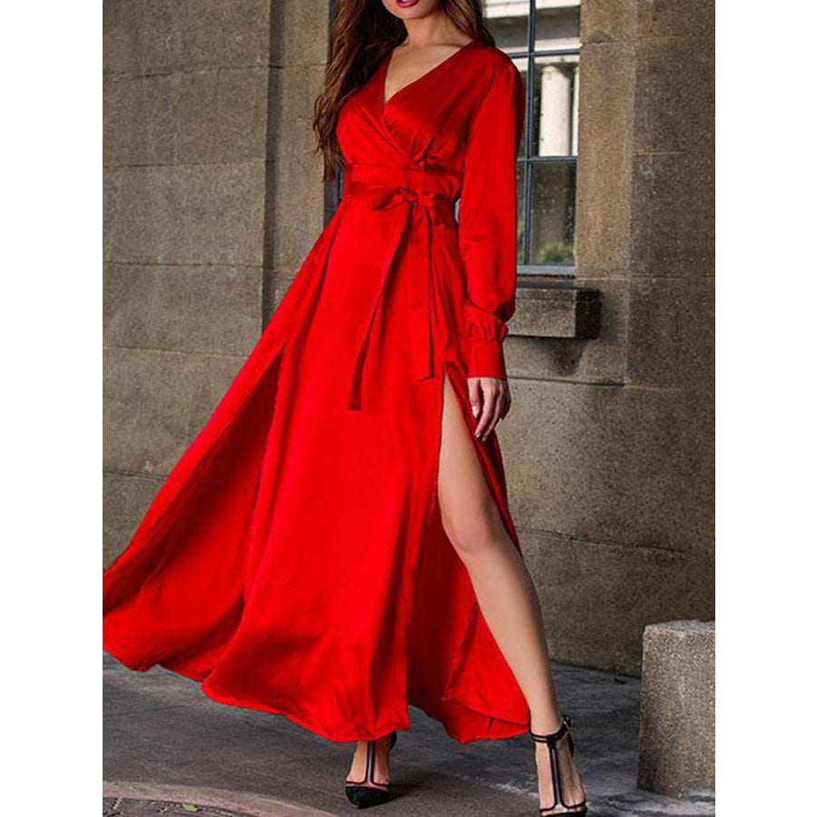 Plus Size Surplice Long Sleeve Slit Maxi Dress Apparel and Accessories