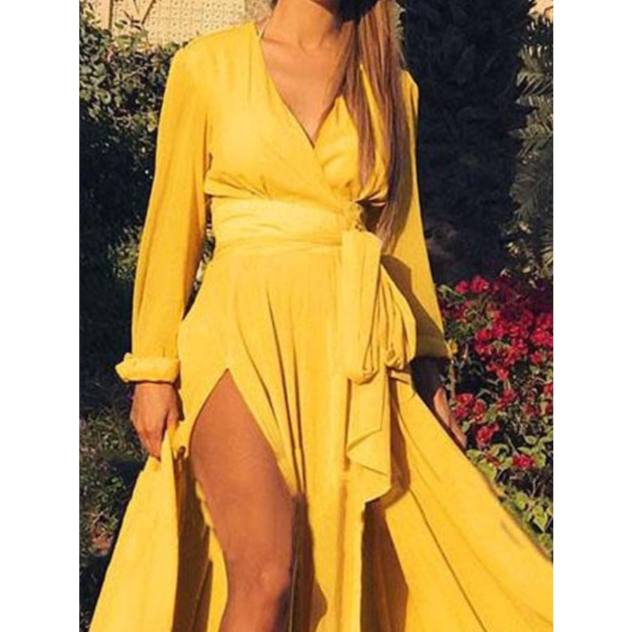 Plus Size Surplice Long Sleeve Slit Maxi Dress Apparel and Accessories