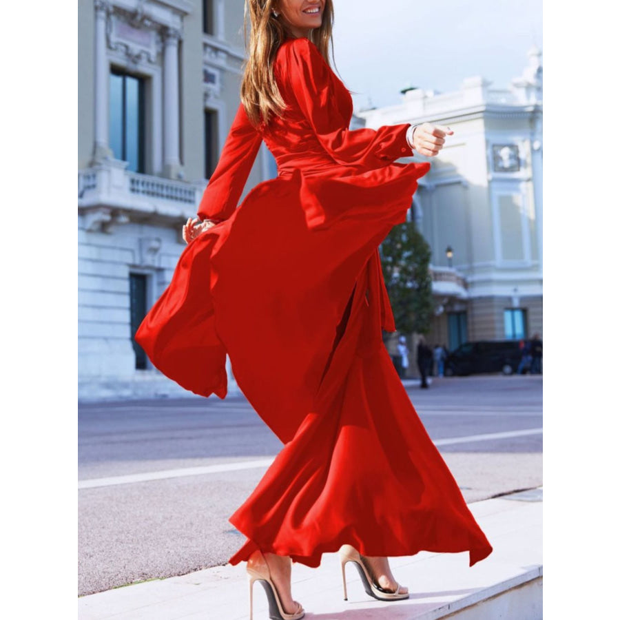 Plus Size Surplice Long Sleeve Slit Maxi Dress Apparel and Accessories