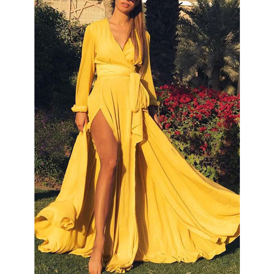 Plus Size Surplice Long Sleeve Slit Maxi Dress Gold / M Apparel and Accessories