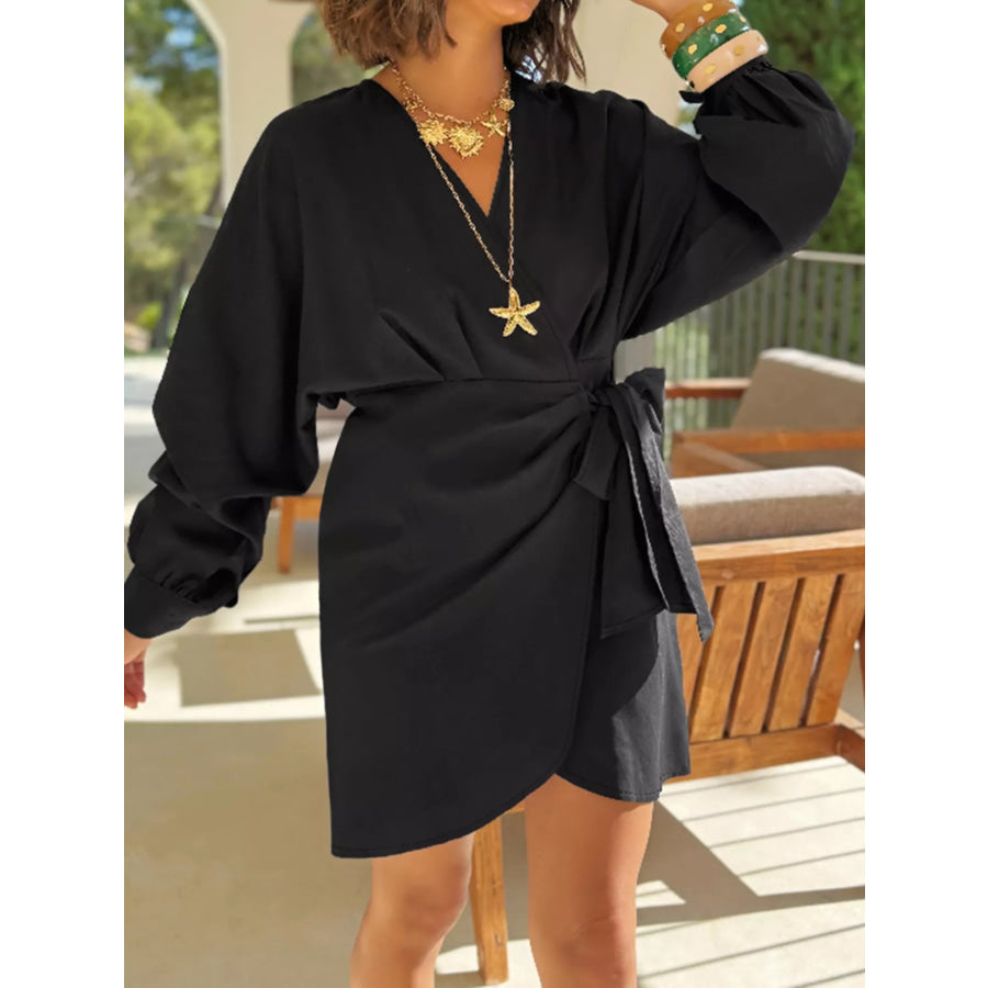 Plus Size Surplice Long Sleeve Wrap Mini Dress Black / 0XL Apparel and Accessories