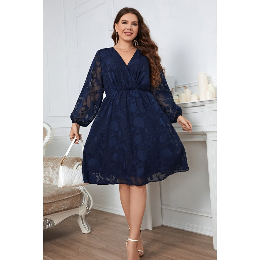 Plus Size Surplice Neck Balloon Sleeve Dress Navy / 1XL