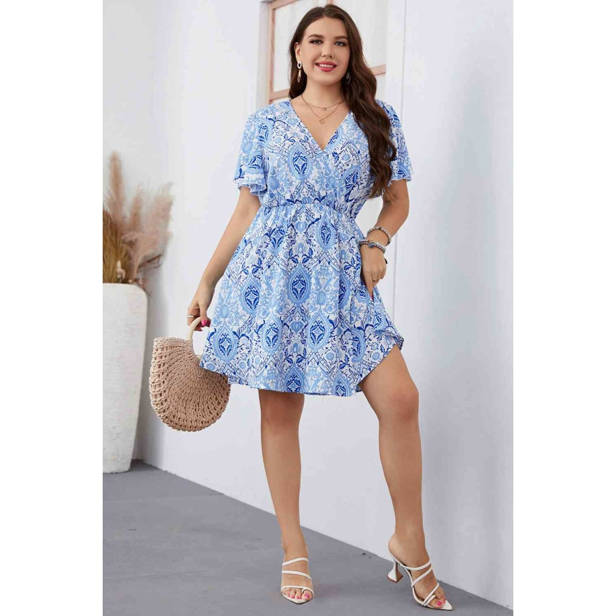 Plus Size Surplice Neck Flutter Sleeve Dress Pastel Blue / 1XL