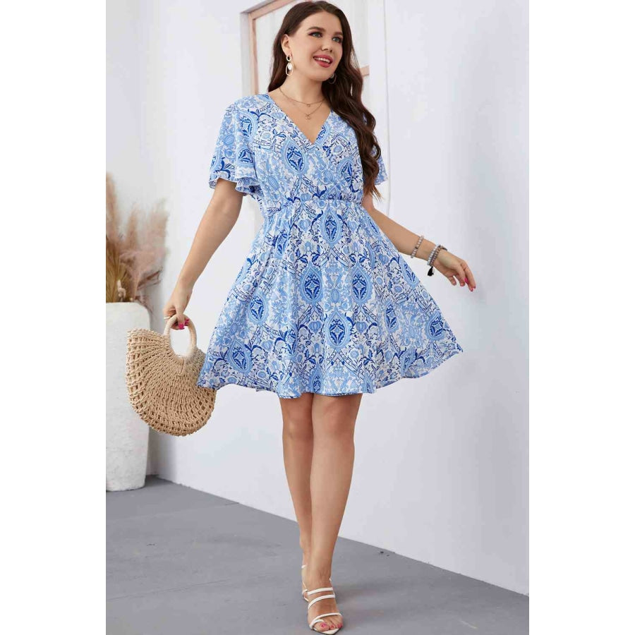 Plus Size Surplice Neck Flutter Sleeve Dress