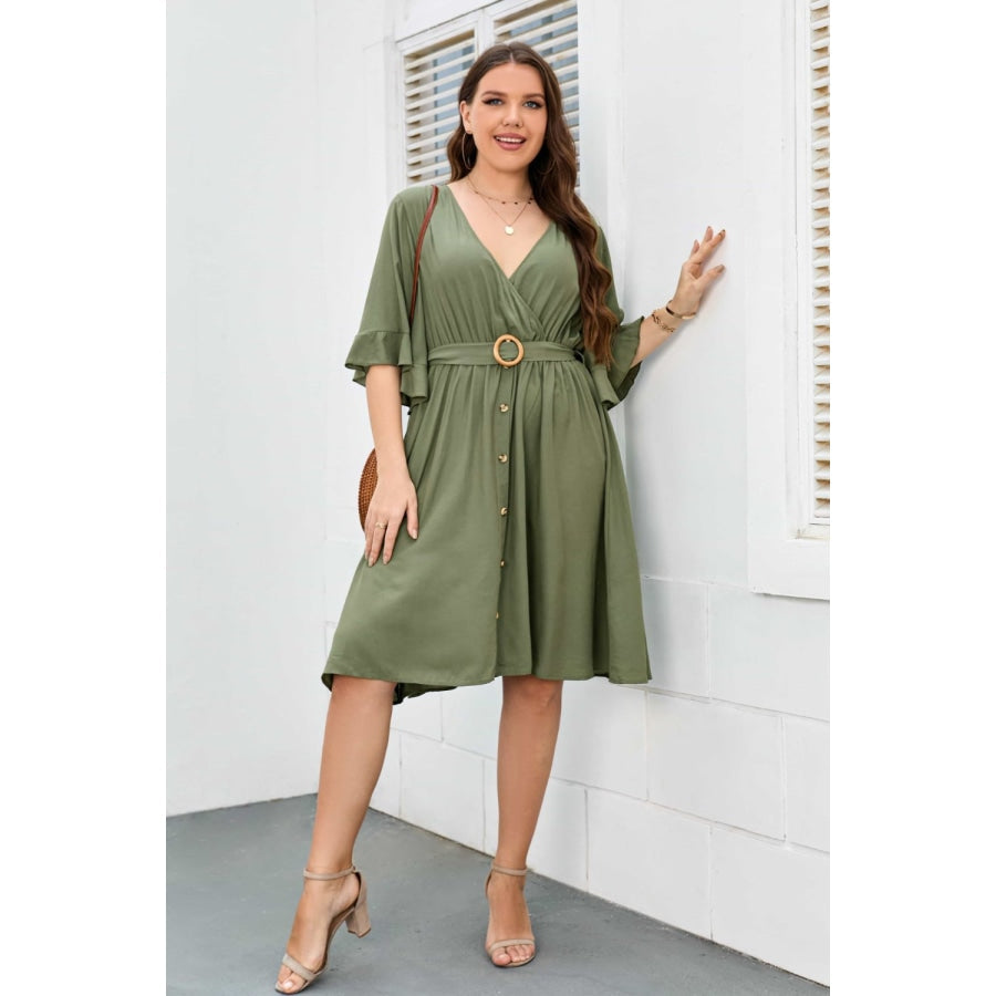 Plus Size Surplice Neck Half Sleeve Dress