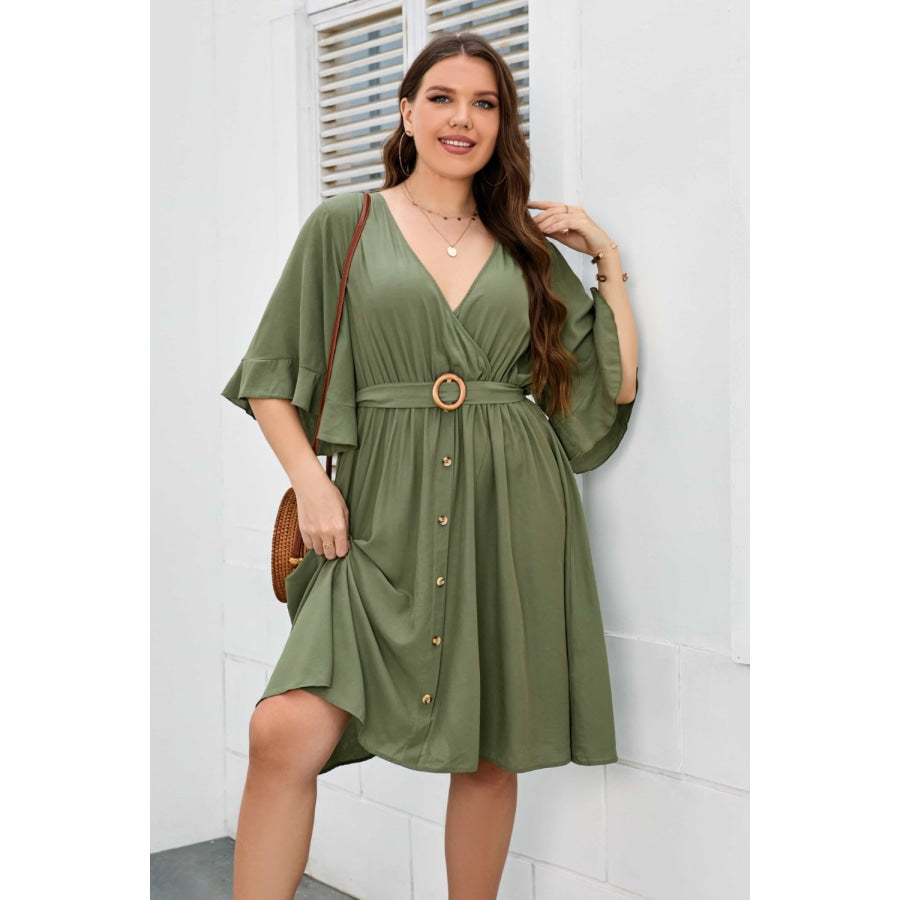 Plus Size Surplice Neck Half Sleeve Dress Moss / 1XL