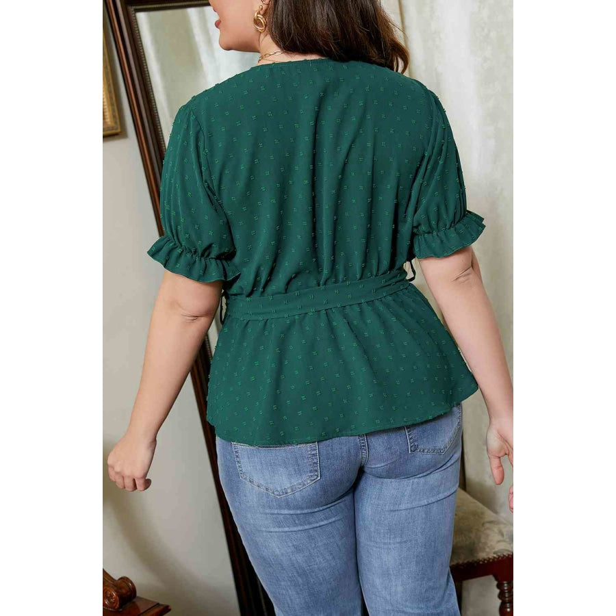 Plus Size Surplice Neck Tie Waist Blouse Green / 1XL