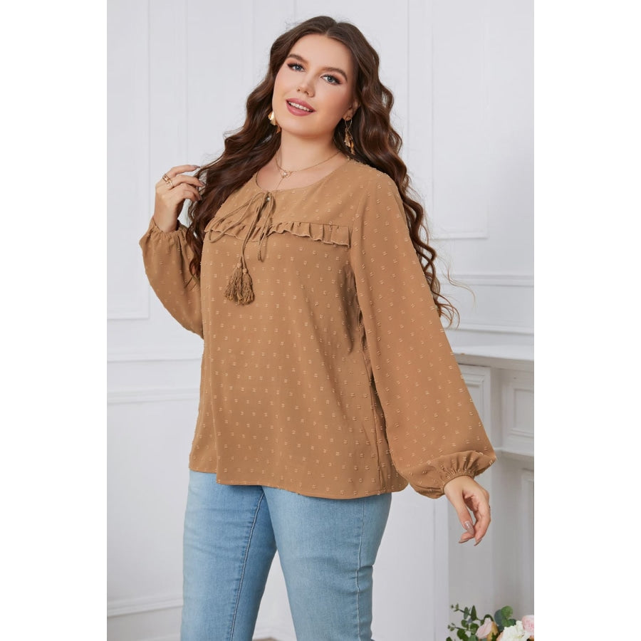 Plus Size Swiss Dot Frill Trim Round Neck Blouse