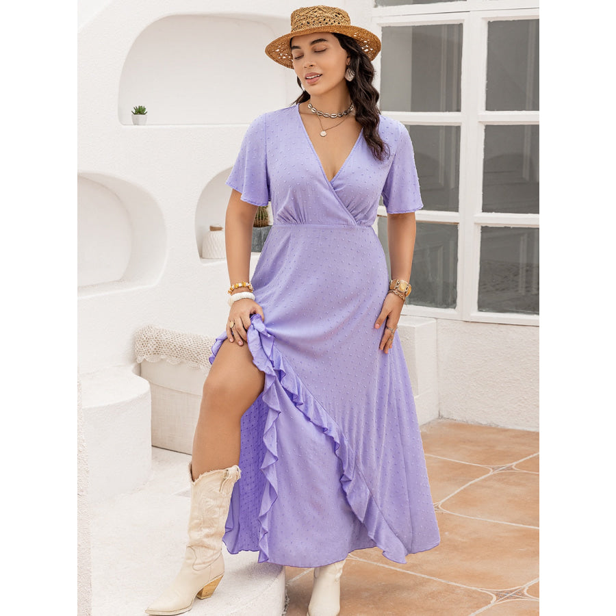 Plus Size Swiss Dot High-Low Surplice Dress Apparel and Accessories