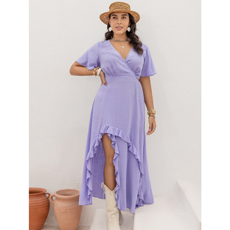 Plus Size Swiss Dot High-Low Surplice Dress Lavender / 0XL Apparel and Accessories