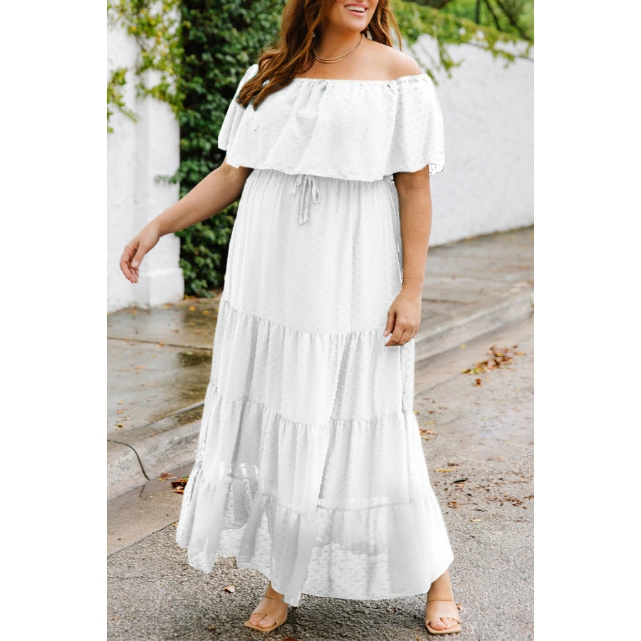 Plus Size Swiss Dot Off-Shoulder Tiered Dress White / 1X